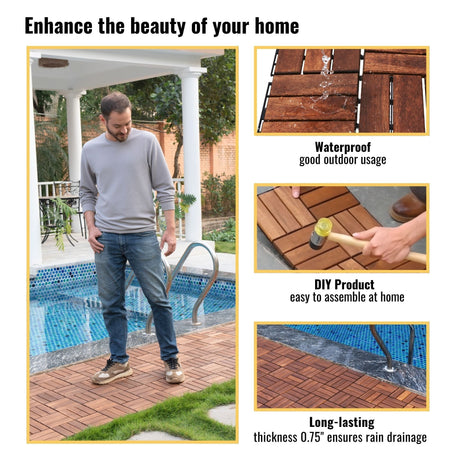 Interlocking Deck Tiles Checker Pattern, Square Acacia Hardwood Outdoor Flooring For Patio, Bancony, Pool Side HouseOfZazla