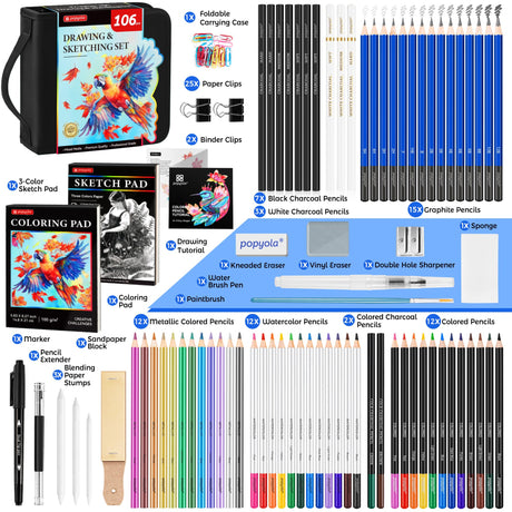106 Pack Drawing Set Sketching Kit, Pro Art Supplies with 3-Color Sketchbook, Coloring Book, Graphite Colored Charcoal Watercolor & Metallic Pencils, Drawing Supplies Gift Case for Artists Adults Kids POPYOLA