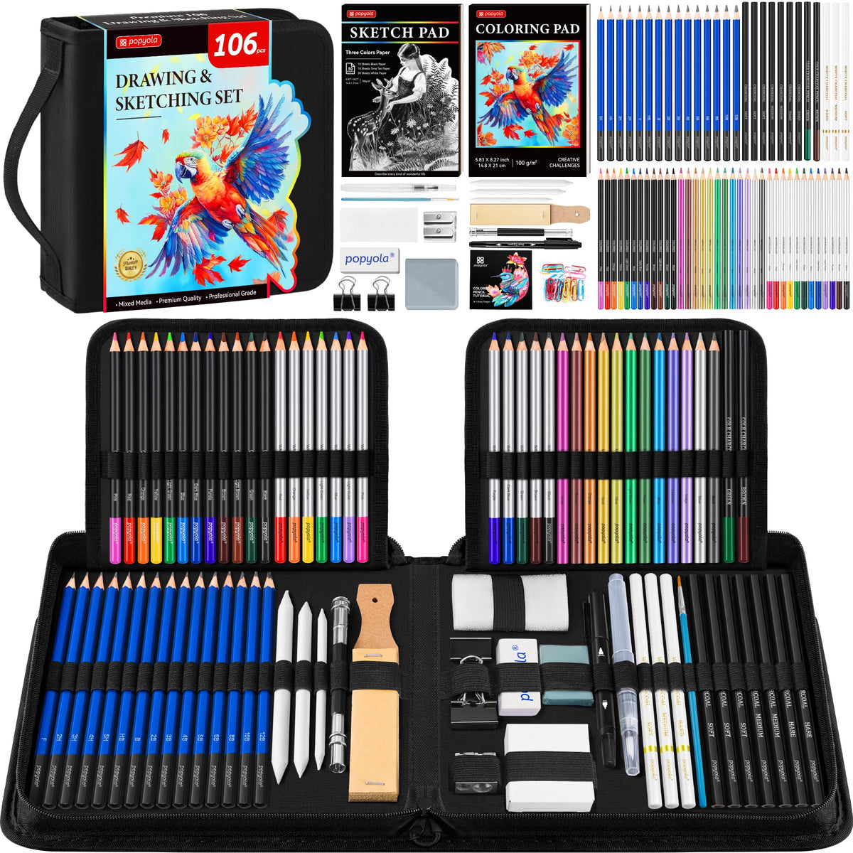 106 Pack Drawing Set Sketching Kit, Pro Art Supplies with 3-Color Sket ...