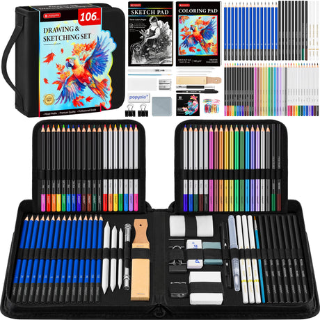 106 Pack Drawing Set Sketching Kit, Pro Art Supplies with 3-Color Sketchbook, Coloring Book, Graphite Colored Charcoal Watercolor & Metallic Pencils, Drawing Supplies Gift Case for Artists Adults Kids POPYOLA