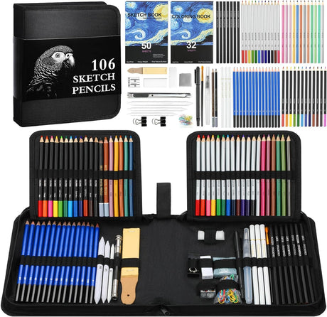 106-Piece Art Supplies Sketching Kit with 3-Color Sketch Book, Coloring Book, Drawing Pencils with Graphite Colored Charcoal Watercolor & Metallic Pencils, Art Kit Gifts for Artists Adults Teens Kids COOL BANK