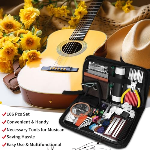 106Pcs Guitar Tool Kit, Guitar Accessories Guitar Maintenance Kit, Guitar Repair Kit with Capo Guitar Strings Picks Bridge Pins Gauge, TIMDAM Guitar TIMDAM
