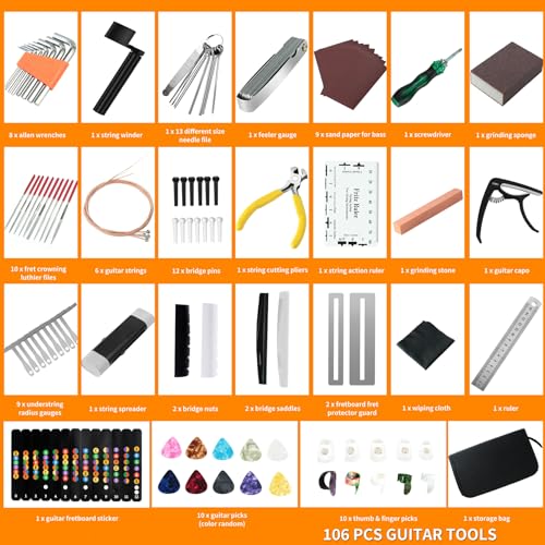 106Pcs Guitar Tool Kit, Guitar Accessories Guitar Maintenance Kit, Guitar Repair Kit with Capo Guitar Strings Picks Bridge Pins Gauge, TIMDAM Guitar TIMDAM