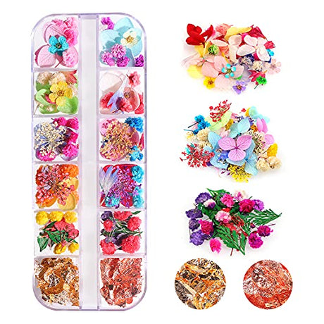 108PCS Dried Flowers for Nail Art - 33 Color Lovely Natural Flower Nail Art, 2 Color Foil Nail Art, Nail Art Accessories Kits, Dried Flowers for YWLI