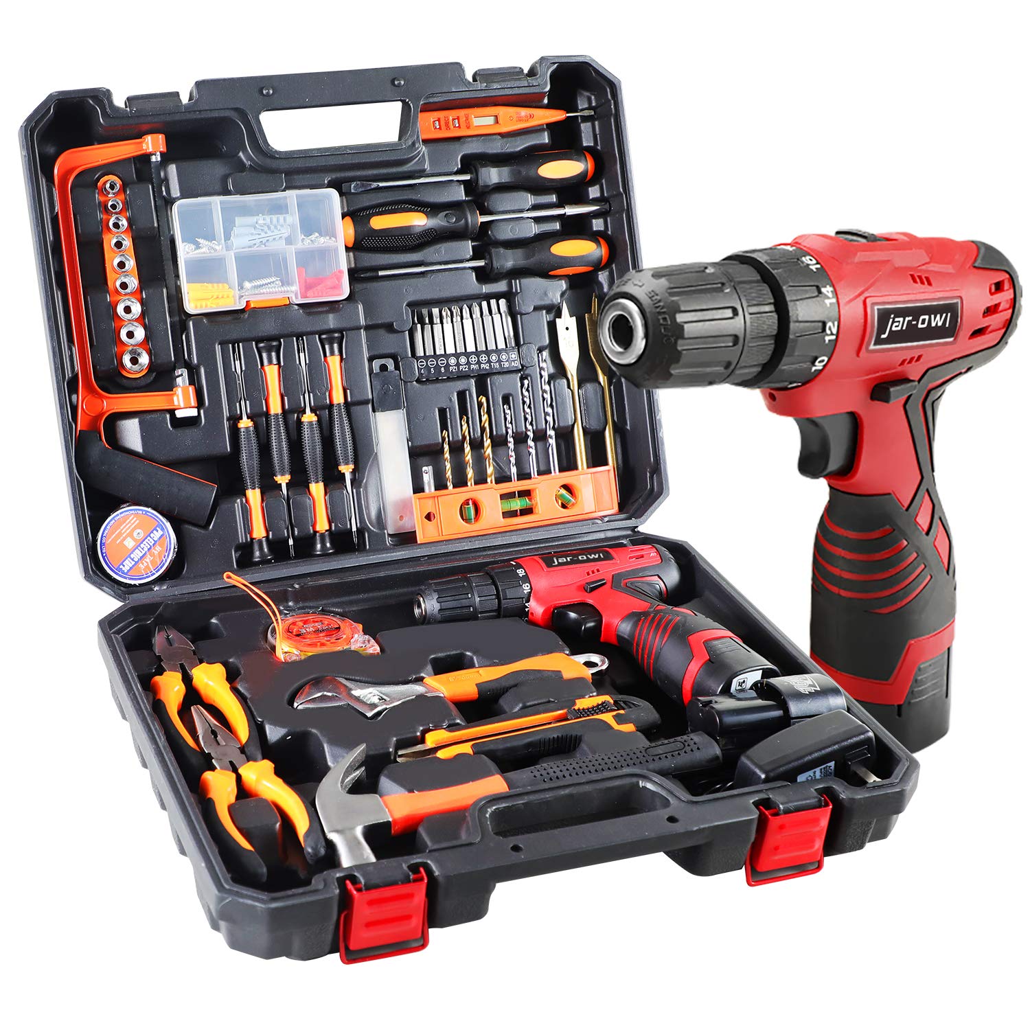 108 Piece Power Tool Combo Kits with 16.8V Cordless Drill, Household Tools Set with DIY Hand Tool Kits for Professional Garden Office Home Repair jar-owl
