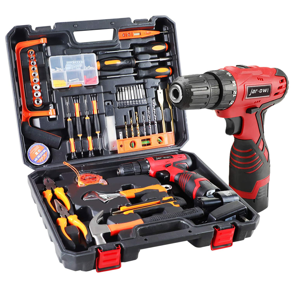 108 Piece Power Tool Combo Kits with 16.8V Cordless Drill, Household Tools Set with DIY Hand Tool Kits for Professional Garden Office Home Repair jar-owl