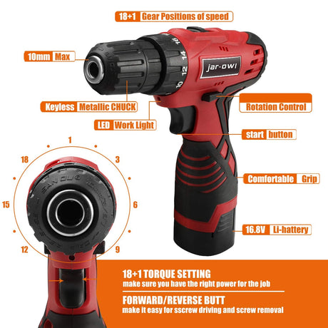 108 Piece Power Tool Combo Kits with 16.8V Cordless Drill, Household Tools Set with DIY Hand Tool Kits for Professional Garden Office Home Repair jar-owl