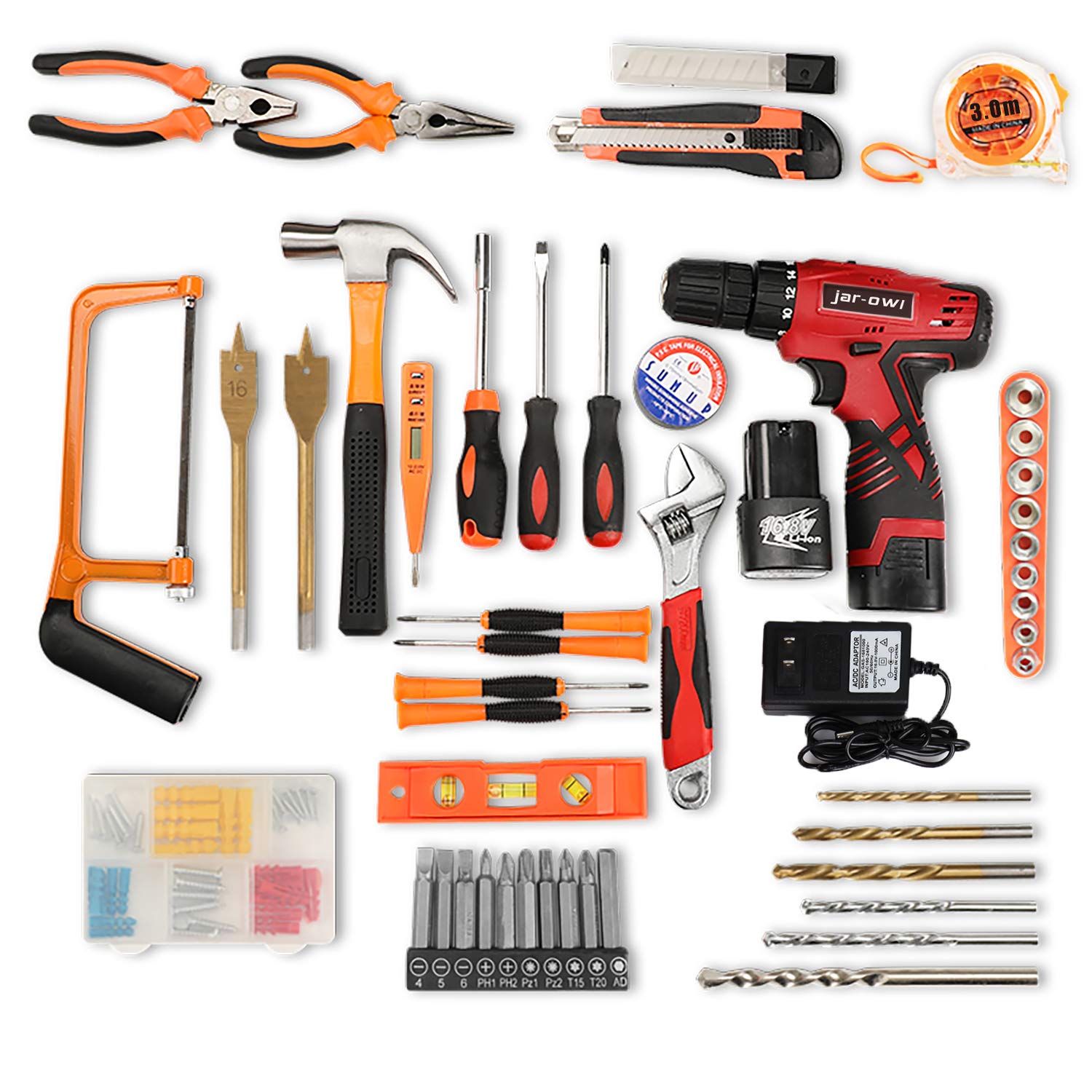 108 Piece Power Tool Combo Kits with 16.8V Cordless Drill, Household Tools Set with DIY Hand Tool Kits for Professional Garden Office Home Repair jar-owl