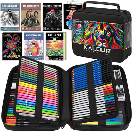 109 Drawing Set Sketching Kit, Pro Art Supplies with Fluorescent, Colored, Watercolor, Metallic, Graphite, Charcoal Pencils, 5 Sketchbook and Coloring Book, Gift for Artists Adults Teens Beginner KALOUR PDAS