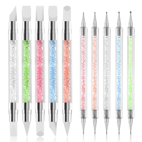 10PCS Nail Art Gel Carving Pen Acrylic Nail Dotting Pen Rhinestone Handle Double-Ended Silicone Nail Art Pen Brushes for Design Nail Foil Carving Sliverdew