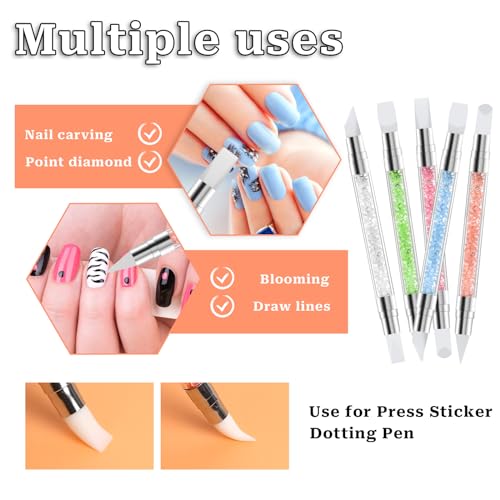 10PCS Nail Art Gel Carving Pen Acrylic Nail Dotting Pen Rhinestone Handle Double-Ended Silicone Nail Art Pen Brushes for Design Nail Foil Carving Sliverdew