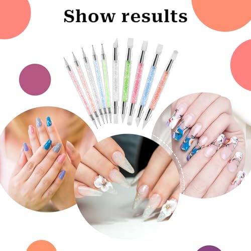 10PCS Nail Art Gel Carving Pen Acrylic Nail Dotting Pen Rhinestone Handle Double-Ended Silicone Nail Art Pen Brushes for Design Nail Foil Carving Sliverdew