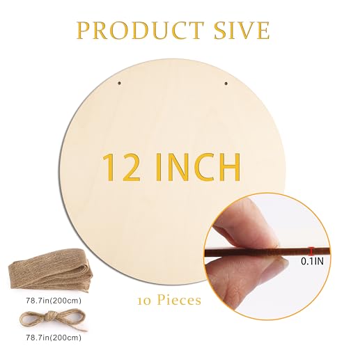 10Pcs 12 Inch Wood Circles for Crafts, Unfinished Wood Blank Door Hanger Sign, DIY Wood Rounds for Cricut Projects, Wood Burning, Painting, KOOCHOICE