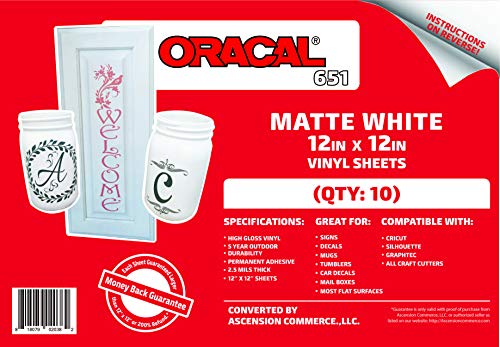 (10) 12" x 12" Sheets - Oracal 651 Matte White Adhesive Craft Vinyl for Cricut, Silhouette, Cameo, Craft Cutters, Printers, and Decals - Matte Finish ORACAL