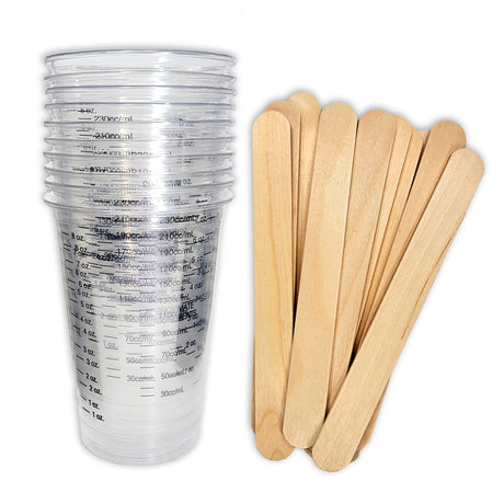 10 8oz Disposable Graduated Clear Plastic (PET) Cups and 10 6" Wood Stir Sticks for Mixing Paint, Stain, Epoxy, Resin by NetSellsIt NSI