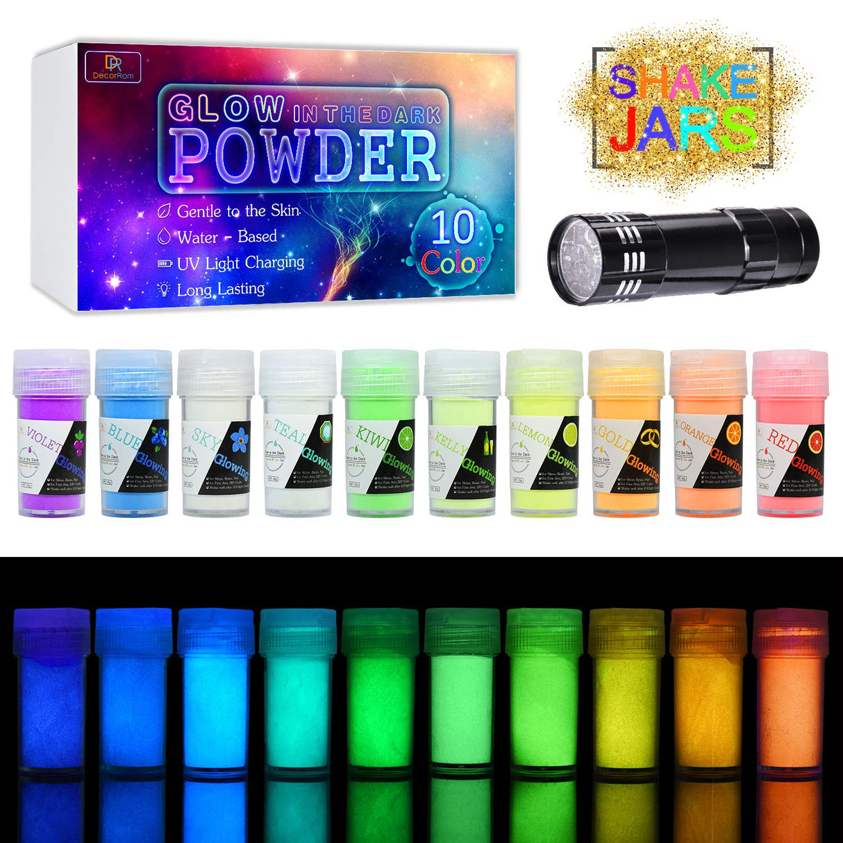 10 Color Glow In The Dark Pigment Powder with UV Lamp - Epoxy Resin Luminous Powder for Slime Kit,Skin Safe Long Lasting Self Glowing Dye for DIY DecorRom