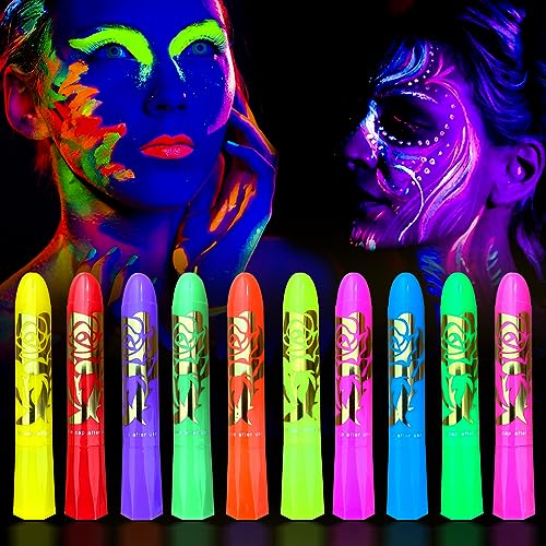 10 Color Glow in The Dark Face Paint,UV and Black Light Neon Face and Body Painting Set Mardi Gras Halloween Masquerade Black Light Birthday Party Sanhaipen