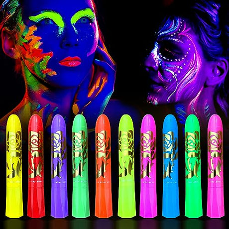 10 Color Glow in The Dark Face Paint,UV and Black Light Neon Face and Body Painting Set Mardi Gras Halloween Masquerade Black Light Birthday Party Sanhaipen