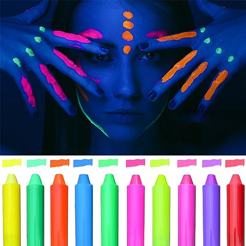 10 Color Glow in The Dark Face Paint,UV and Black Light Neon Face and Body Painting Set Mardi Gras Halloween Masquerade Black Light Birthday Party Sanhaipen