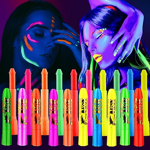10 Colors Glow in The Black Light Face Paint Crayons Kit, UV Black Light Makeup Neon Face and Body Paint Sticks Markers for Mardi Gras Halloween Ausejopeac