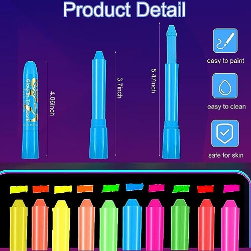 10 Colors Glow in The Black Light Face Paint Crayons Kit, UV Black Light Makeup Neon Face and Body Paint Sticks Markers for Mardi Gras Halloween Ausejopeac