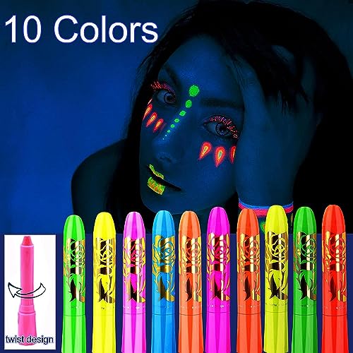 10 Colors Glow in The Black Light Face Paint Crayons Kit, UV Black Light Makeup Neon Face and Body Paint Sticks Markers for Mardi Gras Halloween Ausejopeac