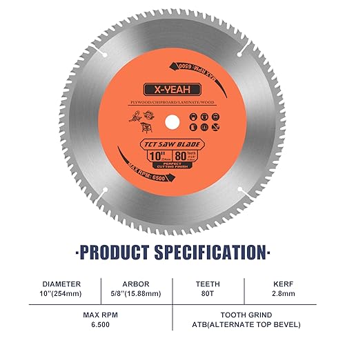 10 Inch 80T Circular Saw Blade with 5/8" Arbor, ATB Fast Cutting, Miter/Table Saw Blade for Wood-Cutting X-YEAH