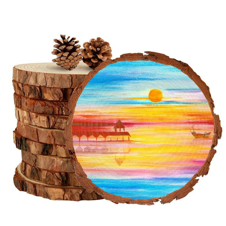 10 PCS 6-6.7 Inch Nature Unfinished Wood Slices, Round Wooden Circle with Tree Bark, Natural Pine Wood Slabs Rustic Wood Slices for DIY Crafts, SHUESS
