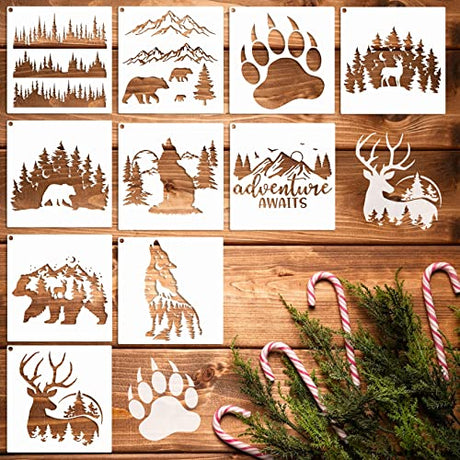 10 PCS Bear Deer Wolf Mountain Stencil Pine Tree Wildlife Forest Animal Stencils Template Wood Burning Stencils Reusable Patterns Moon Claw Stencils Hosomono