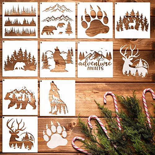 10 PCS Bear Deer Wolf Mountain Stencil Pine Tree Wildlife Forest Animal Stencils Template Wood Burning Stencils Reusable Patterns Moon Claw Stencils Hosomono