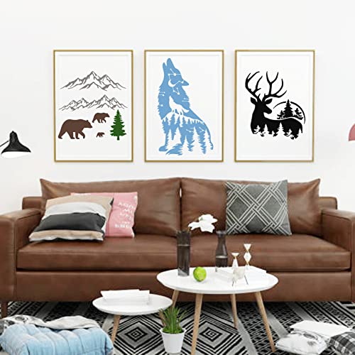 10 PCS Bear Deer Wolf Mountain Stencil Pine Tree Wildlife Forest Animal Stencils Template Wood Burning Stencils Reusable Patterns Moon Claw Stencils Hosomono