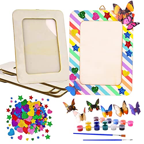 10 Pack Picture Frame Painting Craft Kit, 6'' x 8'' DIY Blank Wooden Photo Frames with Stand, Painting Set, 3D Butterfly and Glitter Eva Stickers for Aweyka