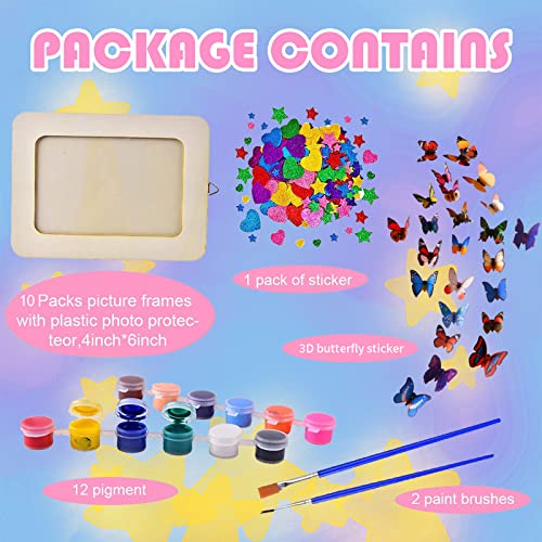 10 Pack Picture Frame Painting Craft Kit, 6'' x 8'' DIY Blank Wooden Photo Frames with Stand, Painting Set, 3D Butterfly and Glitter Eva Stickers for Aweyka