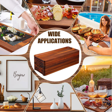 10 Pack Solid Wood Serving Trays Acacia Wooden Server Platter Rectangular Charcuterie Boards with Grooved Handle for Home Room Coffee Cheese Appetizer Table Farmhouse Serving Decor (16.7 x 6.4 Inch) Marsui