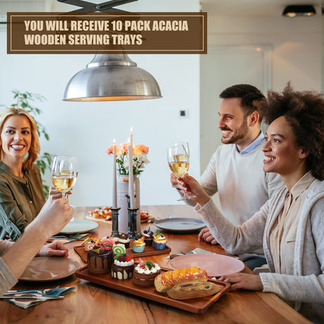 10 Pack Solid Wood Serving Trays Acacia Wooden Server Platter Rectangular Charcuterie Boards with Grooved Handle for Home Room Coffee Cheese Appetizer Table Farmhouse Serving Decor (16.7 x 6.4 Inch) Marsui