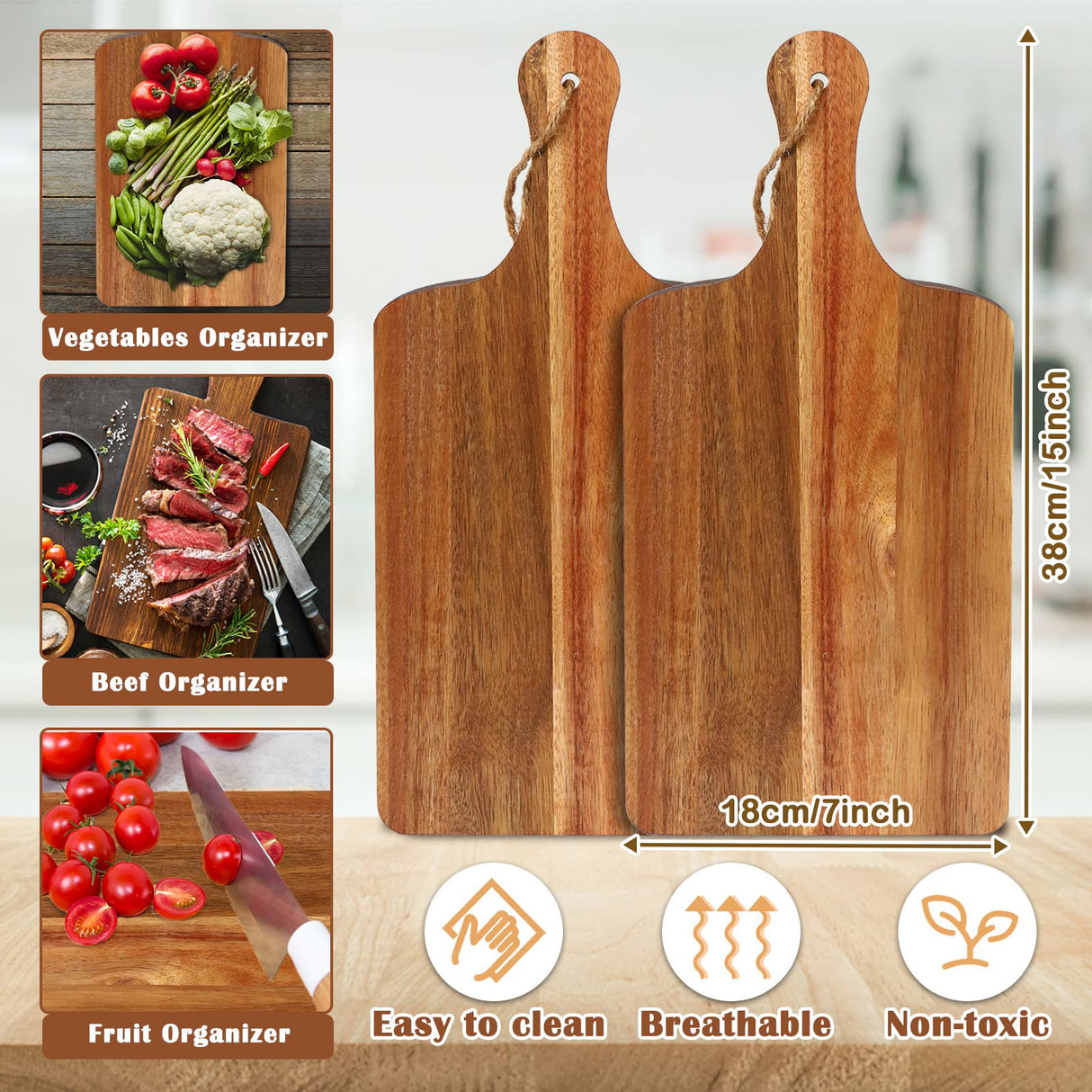 10 Packs Acacia Wood Cutting Board, 15 x 7 Inch Plain Chopping Board with Handles Large Serving Board Wooden Kitchen Cutting Board Bulk with Ropes Aweyka
