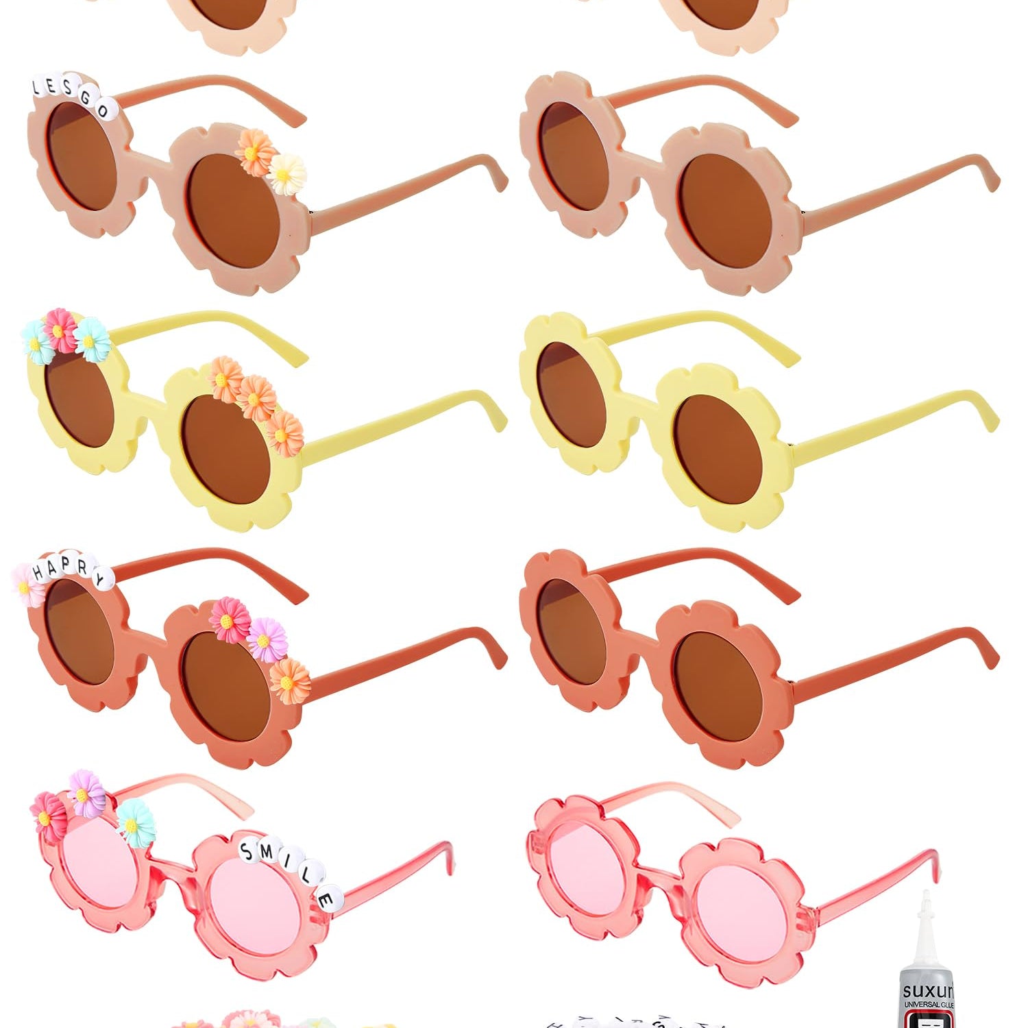 10 Pairs Kids Round Flower Sunglasses Glasses Outdoor Eyewear for Kid with 50 Daisy 100 Random Letter Beads (Elegant Color) Dunzy