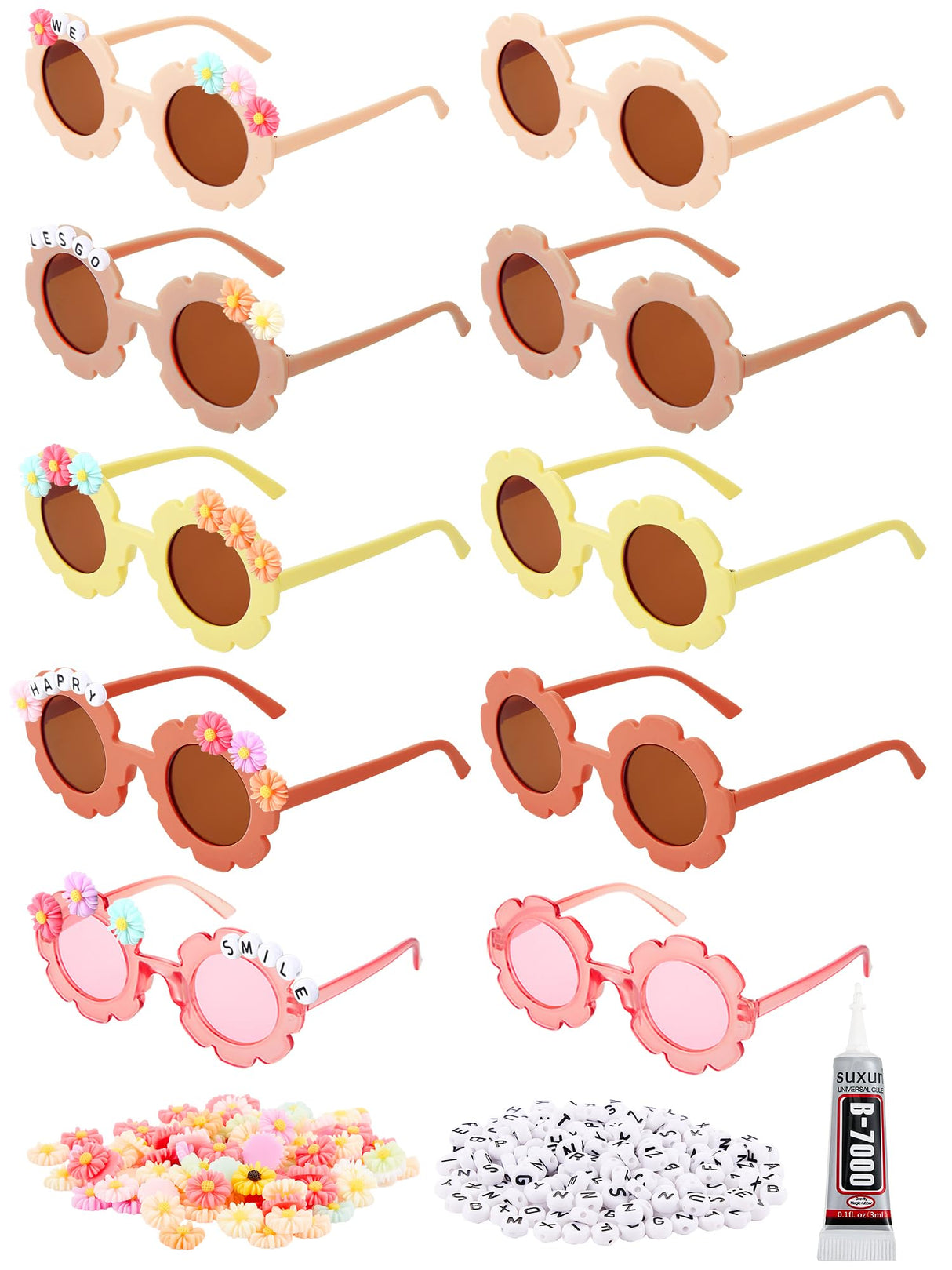 10 Pairs Kids Round Flower Sunglasses Glasses Outdoor Eyewear for Kid with 50 Daisy 100 Random Letter Beads (Elegant Color) Dunzy