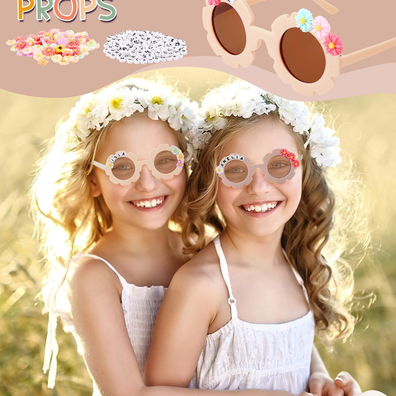 10 Pairs Kids Round Flower Sunglasses Glasses Outdoor Eyewear for Kid with 50 Daisy 100 Random Letter Beads (Elegant Color) Dunzy