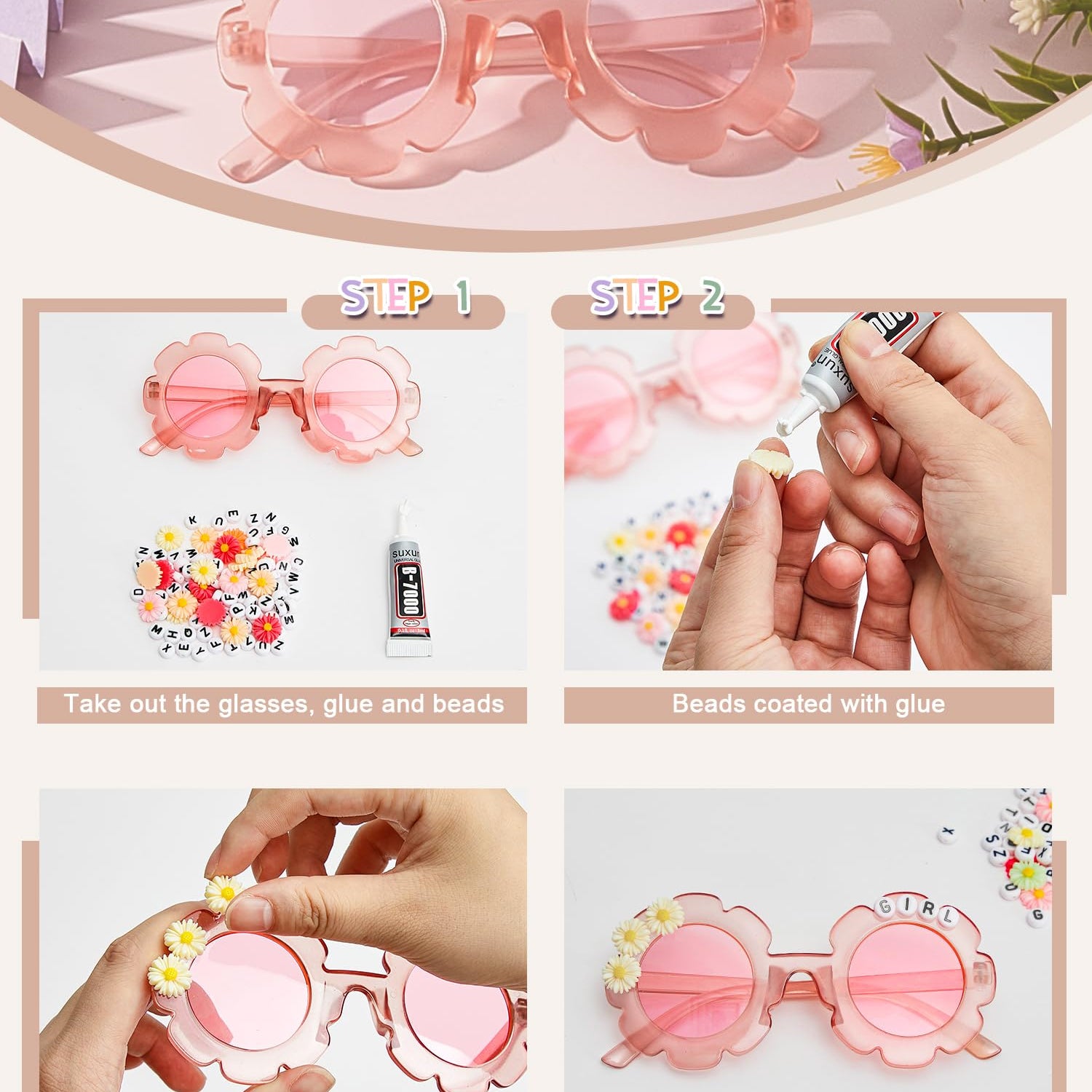 10 Pairs Kids Round Flower Sunglasses Glasses Outdoor Eyewear for Kid with 50 Daisy 100 Random Letter Beads (Elegant Color) Dunzy