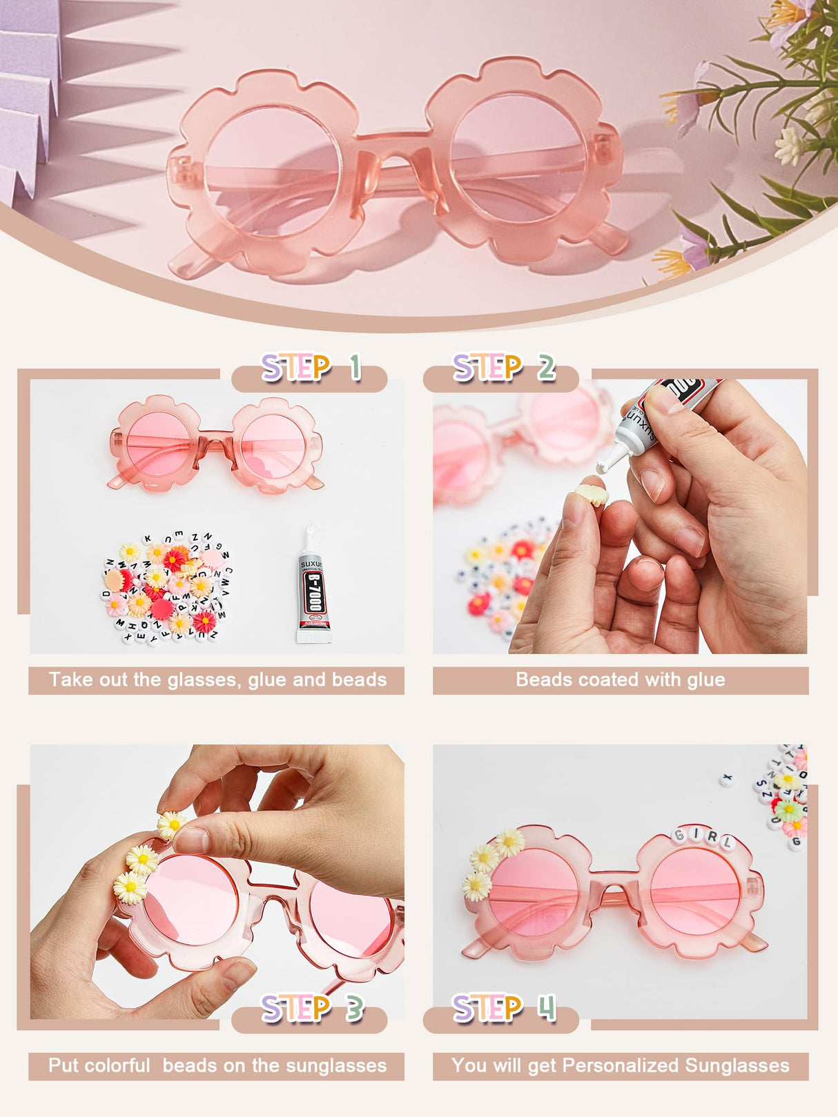 10 Pairs Kids Round Flower Sunglasses Glasses Outdoor Eyewear for Kid with 50 Daisy 100 Random Letter Beads (Elegant Color) Dunzy