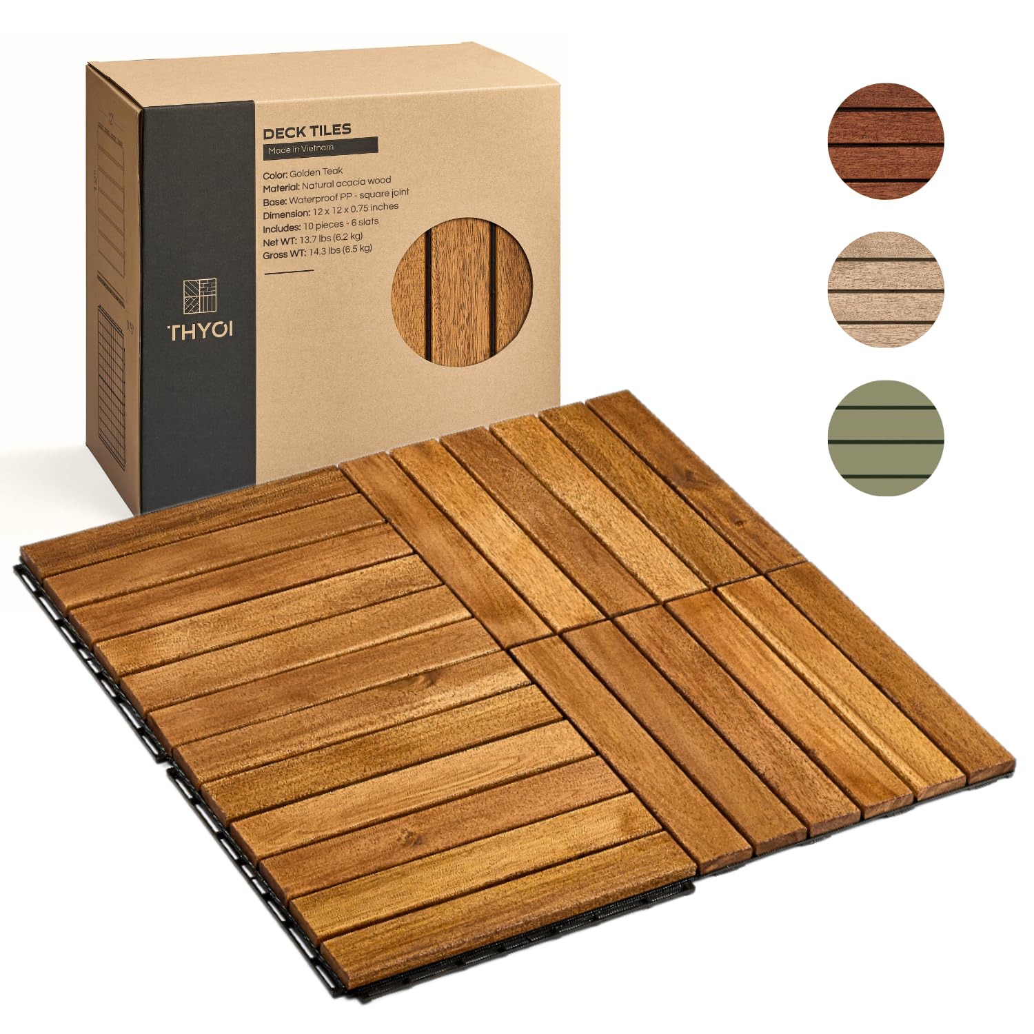 10 Pcs Premium Striped-Pattern Interlocking Deck Tiles 12" x 12", Waterproof Outdoor Tiles for Patio, Acacia Wood Tiles, Patio Tiles for Balcony Flooring, Indoor and Outdoor use (Golden Teak) - WoodArtSupply