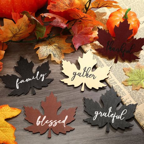 10 Pcs Thanksgiving Place Cards Maple Leaves Grateful Wood Signs Table Settings for Dining Table Decor Fall Plate Ornament Blessed Word Sign Rustic Thankful Signs Farmhouse Thanksgiving Decorations Roowest