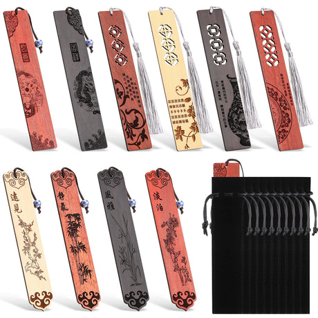 10 Pcs Wooden Bookmark Craft with 10 Pcs Velvet Bags Set Handmade Wooden Carving Book Mark with Porcelain Pendant for Women Men for Office Teacher Yexiya