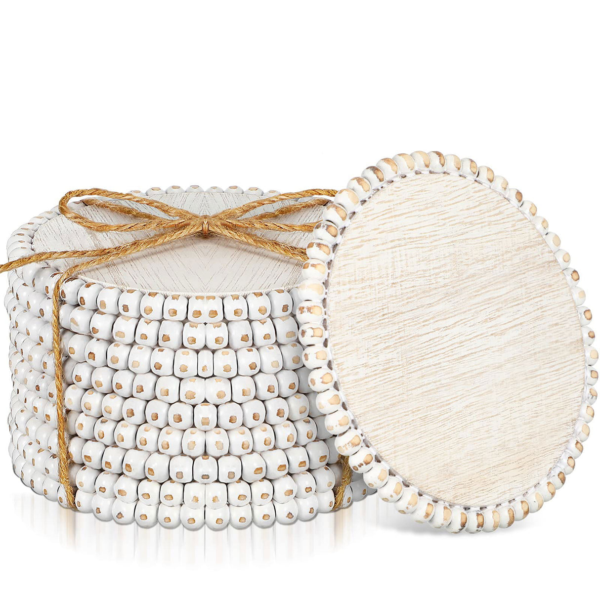 10 Pieces Beaded Wood Coasters Bulk Farmhouse Coasters for Drinks Coffee Table 4.7 Inch Round Farmhouse Beaded Rustic Coasters Decorative White Coasters Bar Coasters for Home Kitchen Decor Meanplan