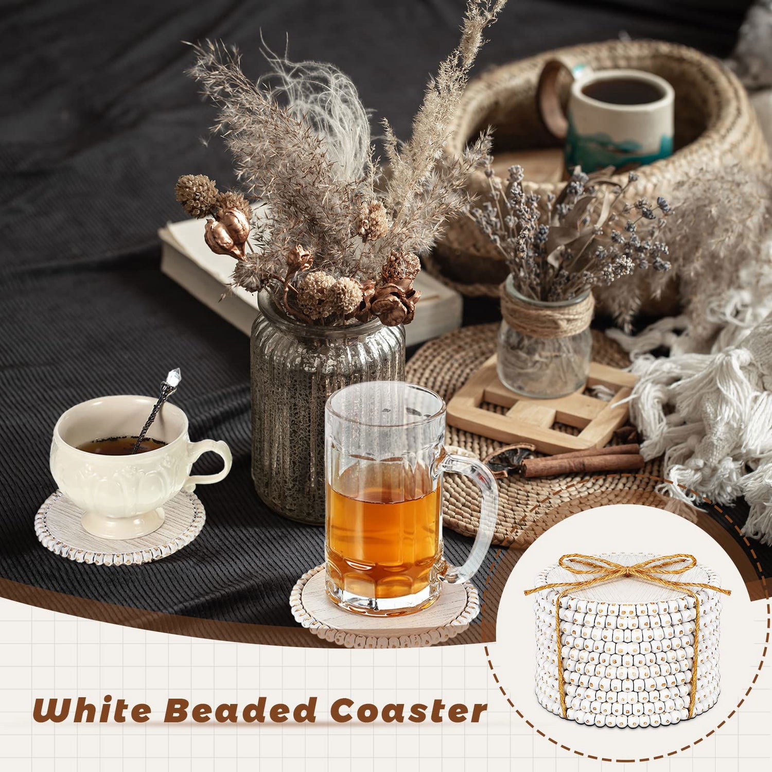 10 Pieces Beaded Wood Coasters Bulk Farmhouse Coasters for Drinks Coffee Table 4.7 Inch Round Farmhouse Beaded Rustic Coasters Decorative White Coasters Bar Coasters for Home Kitchen Decor Meanplan