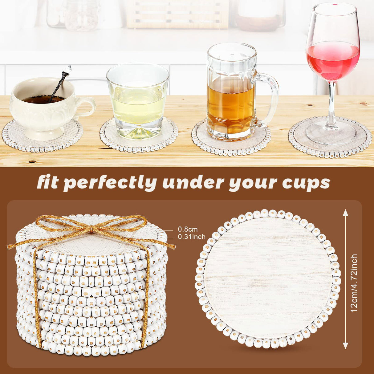 10 Pieces Beaded Wood Coasters Bulk Farmhouse Coasters for Drinks Coffee Table 4.7 Inch Round Farmhouse Beaded Rustic Coasters Decorative White Coasters Bar Coasters for Home Kitchen Decor Meanplan