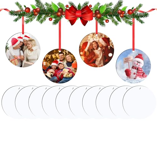 10 Pieces Christmas Sublimation Ornament Blanks - 3.15 Inch Sublimation Blank Pendants Ornaments Double Side with Red String - Personalized MDF HooAMI