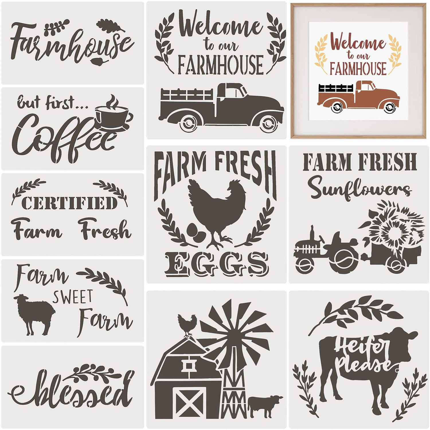10 Pieces Reusable Farmhouse Stencils Farm Theme Painting Stencils for Scrapbooking Drawing Tracing DIY Furniture Wall Floor Fabric Decors, 2 Sizes Zonon