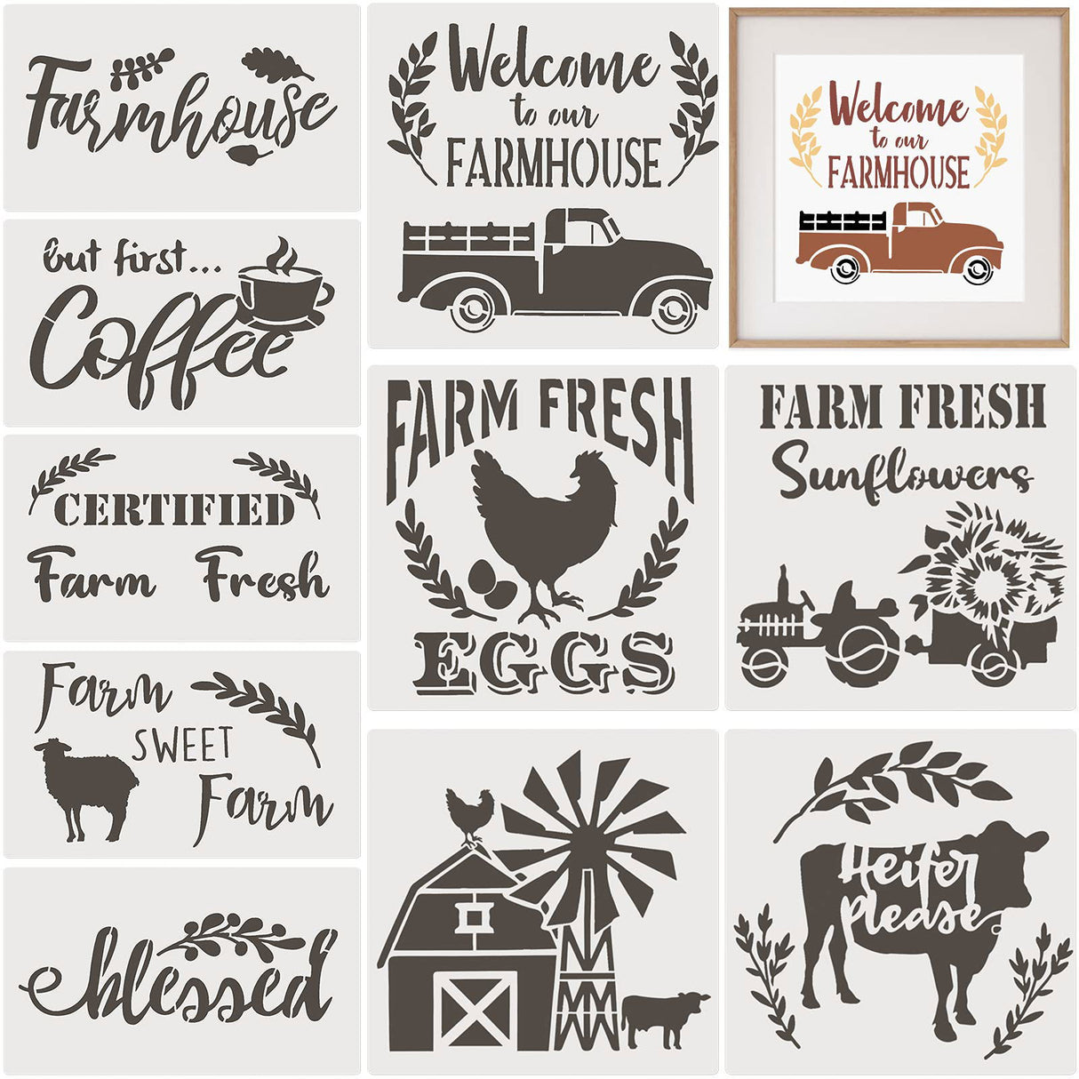 10 Pieces Reusable Farmhouse Stencils Farm Theme Painting Stencils for Scrapbooking Drawing Tracing DIY Furniture Wall Floor Fabric Decors, 2 Sizes Zonon